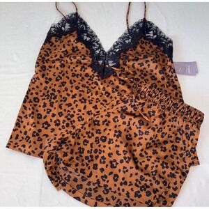 Auden Luxury Collection Leopard Print Satin Pajama Set XXL Brown Black Lace Trim